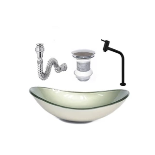 CUBA DE VIDRO OVAL 47CM CHAMPANHE + VALVULA + TORNEIRA PRETA + SIFAO