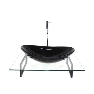 KIT CUBA DE VIDRO OVAL PRETA COM TAMPO 60CM INCOLOR E SUPORTE TORNEIRA VALVULA