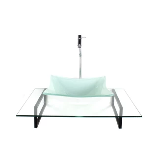KIT CUBA DE VIDRO QUADRADA BRANCA COM TAMPO 60CM INCOLOR E SUPORTE PRETO