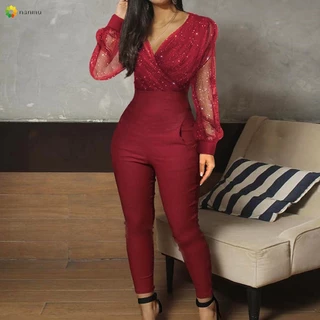 Macacão Feminino Fato De Salto Preto Elegante Lantejoulas Glitter Festa Noturna Sexy 2023 Calças Longas De Primavera Uma Peça Roupa (Envio 24 Horas)