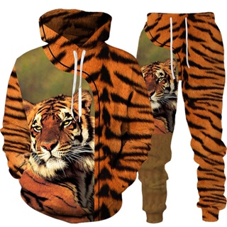 Conjunto de moletom com capuz com estampa de tigre, conjunto