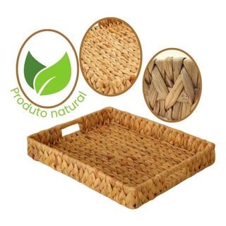Bandeja Retangular Seagrass Fibra Natural Grande Com Alça 36x28