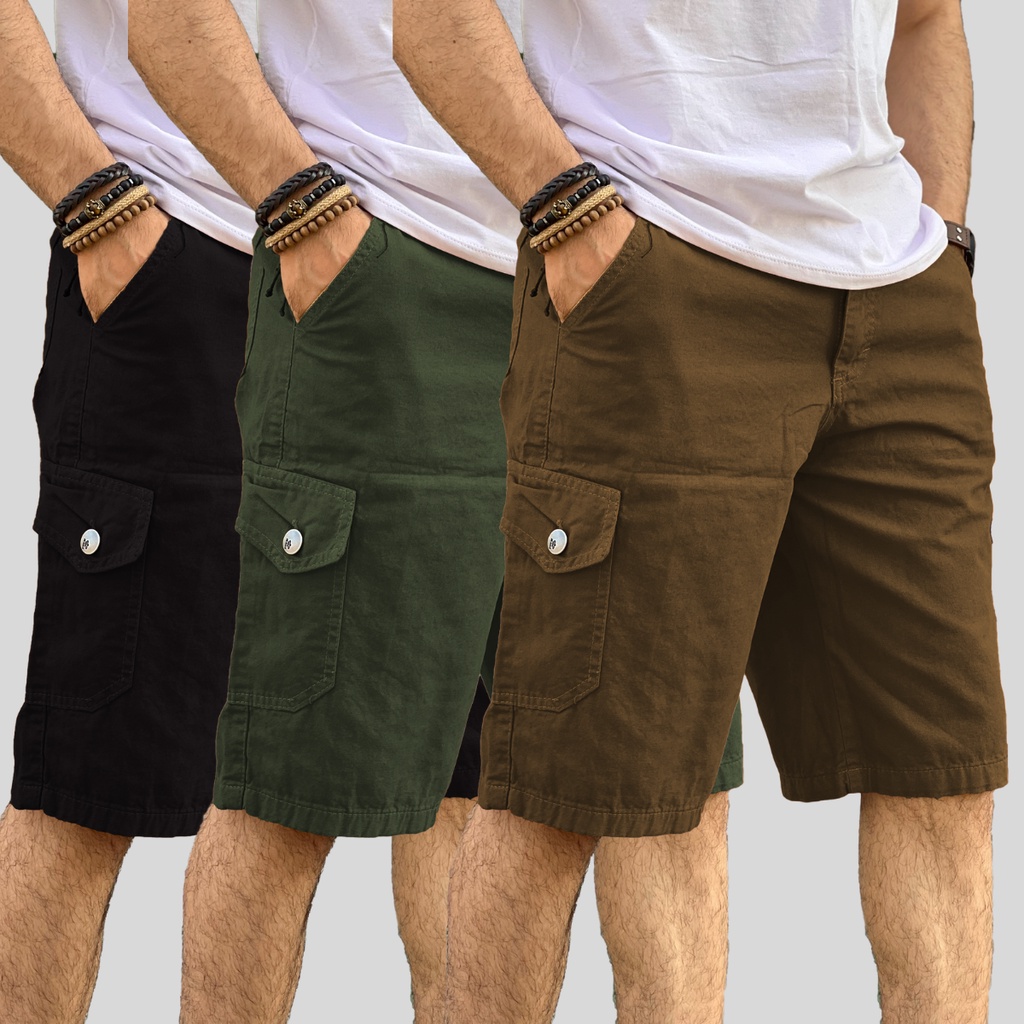Kit 3 Bermuda Masculina Cargo Short Sarja 6 Bolsos Social Estilosa Premium