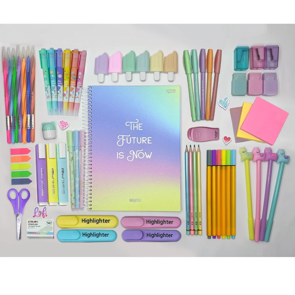 Kit Material Escolar Kawaii 2 Caneta Caderno Marca Texto Tesoura Canetinha Presente Dia Das Crianças