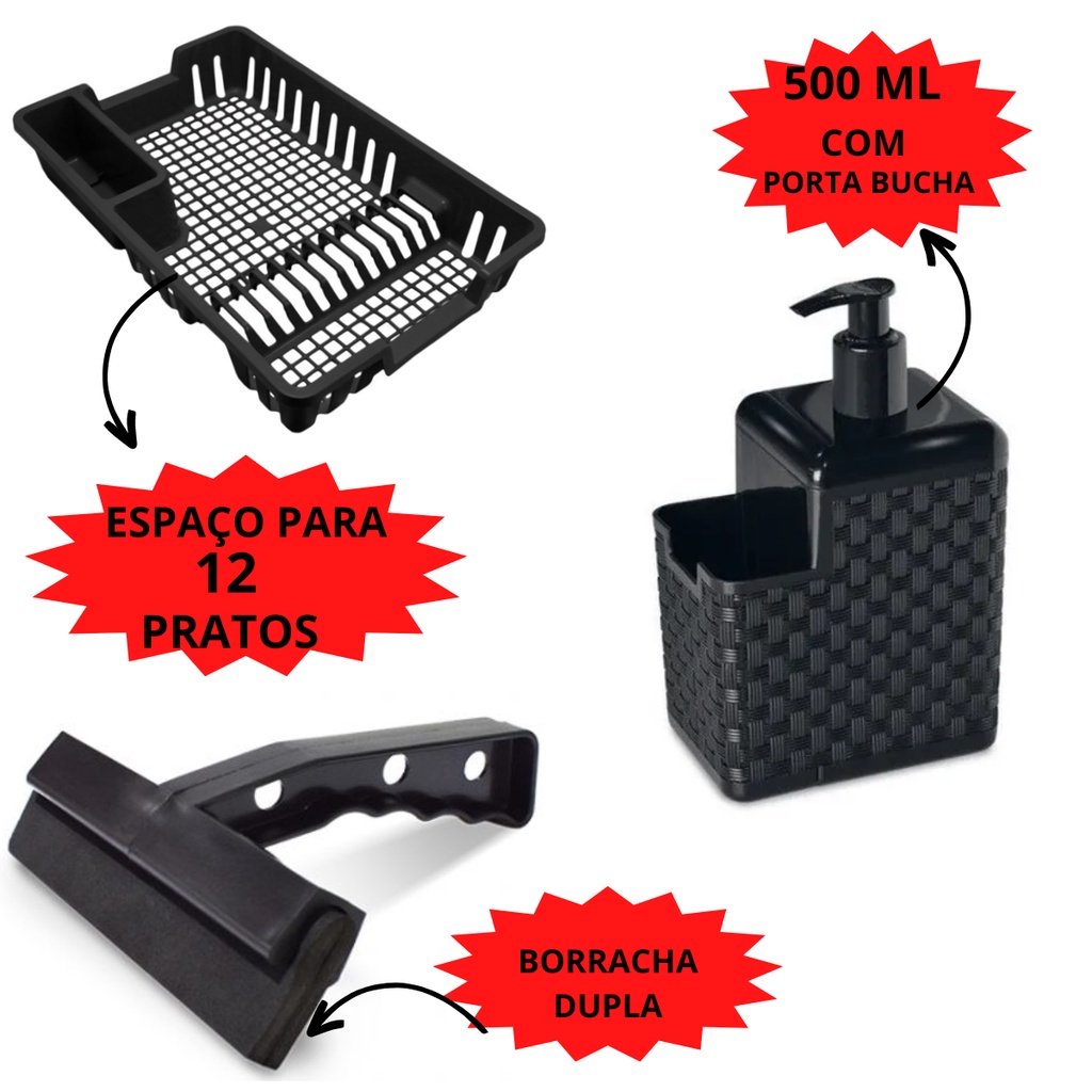 Kit Escorredor de Louças Pratos + Porta Detergente + Rodinho Rodo de Pia