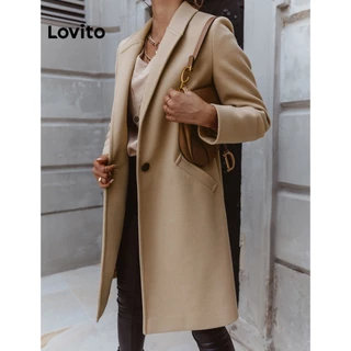 Lovito Casual Casaco Feminino Liso de Manga Comprida com Bolsos e Aberto na Frente LNX07219 (Bege/Preto)