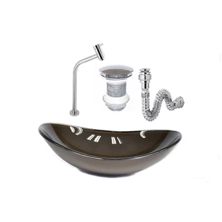 CUBA DE VIDRO OVAL 47CM MARROM + VÁLVULA CLICK + TORNEIRA DE METAL + SIFAO