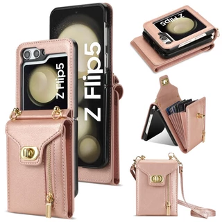 Novo Corpo Cruzado Zíper Organ Metal Snap Carteira Multi-Funcional Bolsa Suporte Para Cartão Capa De Celular Samsung Z Flip 5 4 3 PU À Prova De Choque Com Cordão Longo