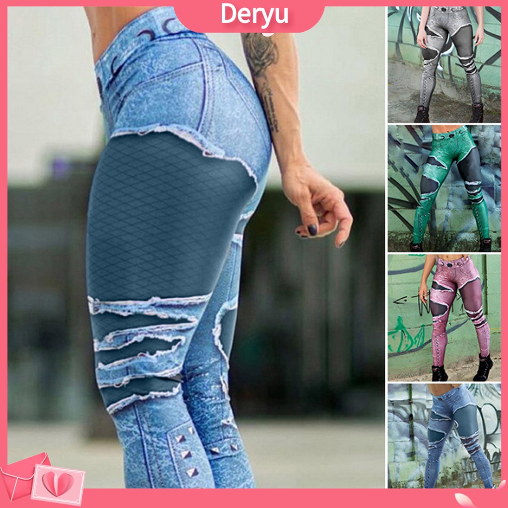 deryu] Buracos De Malha De Cintura Alta Rasgados Fitness Leggings Push Up  Imitação Jeans Skinny Women Yoga Pants