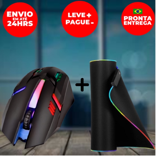 Kit Gamer Mouse USB Luminoso com Fio + Mouse Pad Speed RGB Extra Grande Pc