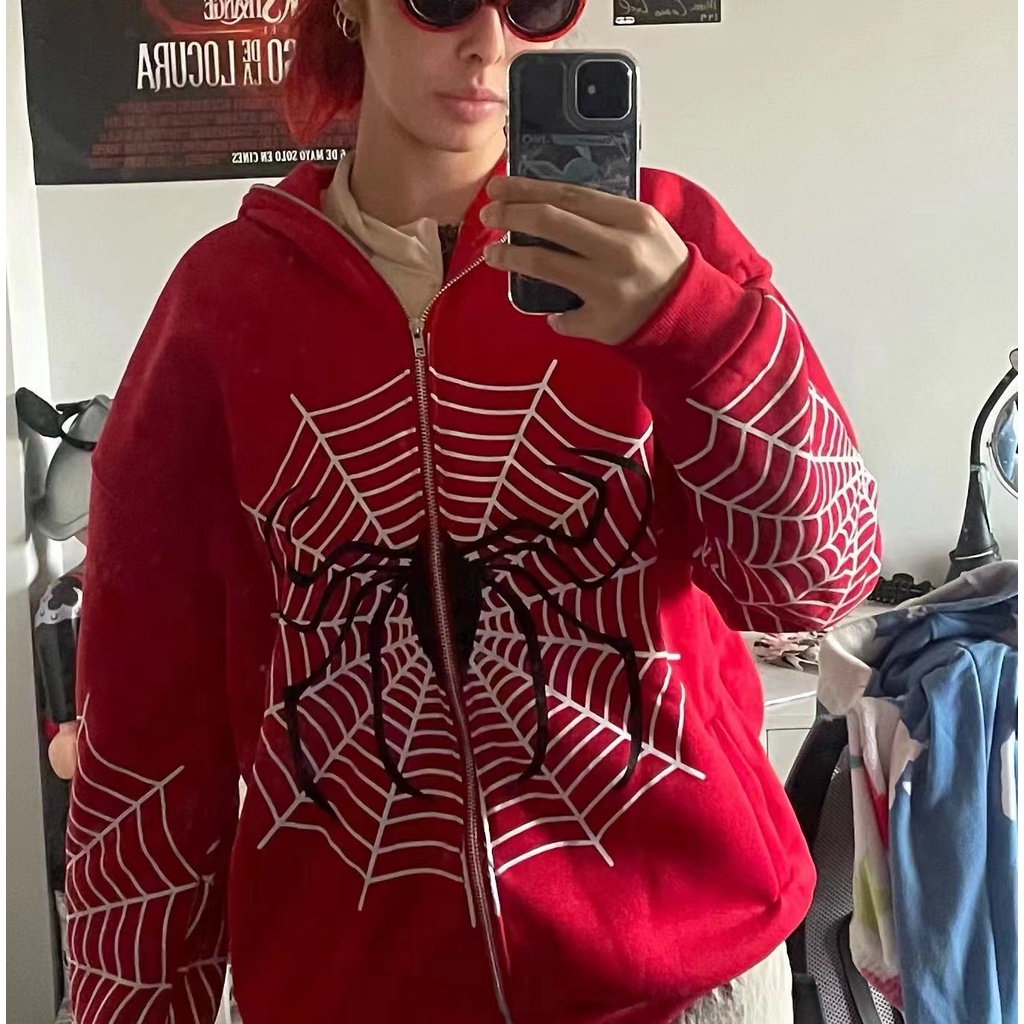 Teia De Aranha Camiseta Com Capuz Vermelho Zíper Quente Harajuku