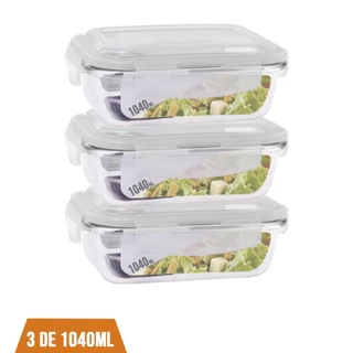 Kit 3 Pote 1040ml Vidro Hermético Marmita Mantimento Fitness