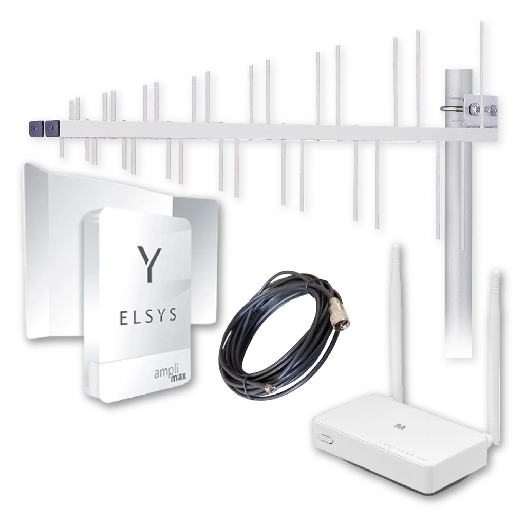 KIT COMPLETO AMPLIMAX FIT (AMPLIMAX + ANTENA EXTERNA + CABO PRETO + ROTEADOR 2 ANTENAS)