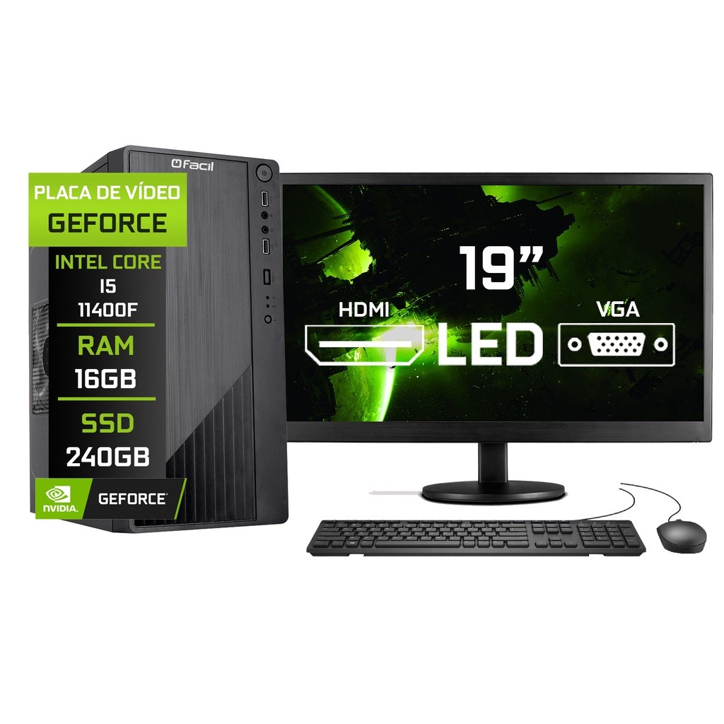Computador Completo Fácil Intel Core i5 11400F (11ª Geração) 16GB DDR4 Geforce Nvidia 1GB SSD 240GB Monitor 19" LED
