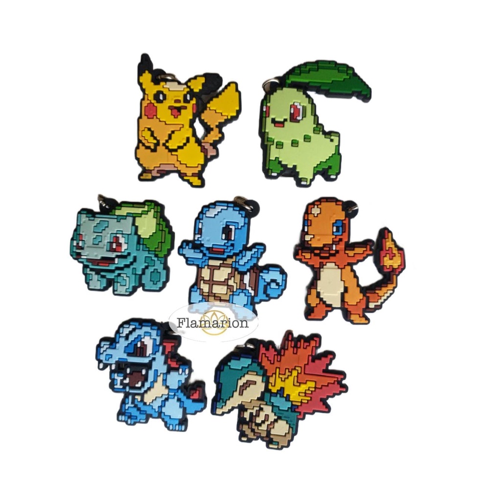 Kit 7 Chaveiros Emborrachados Anime Pokémon Pixel Pikachu