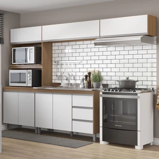 Cozinha Compacta Modulada Sabrina 4 Peças Balcão Pia Torre Quente Forno/Micro MDP Avelã Branco