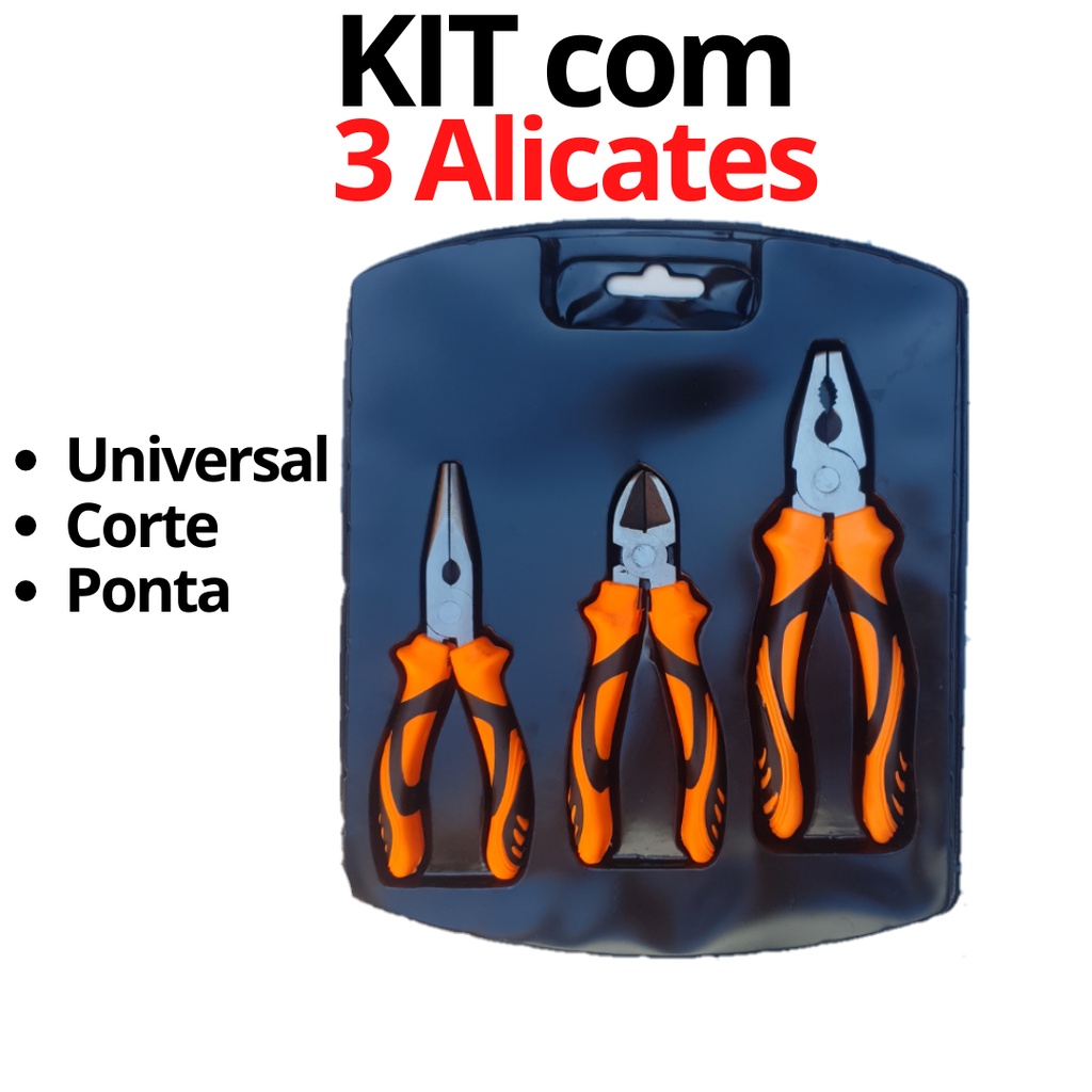 Jogo de Alicate Universal Corte Bico Fino 3 Alicates Kit Alicate Multiuso Universal Bico e Corte Profissional