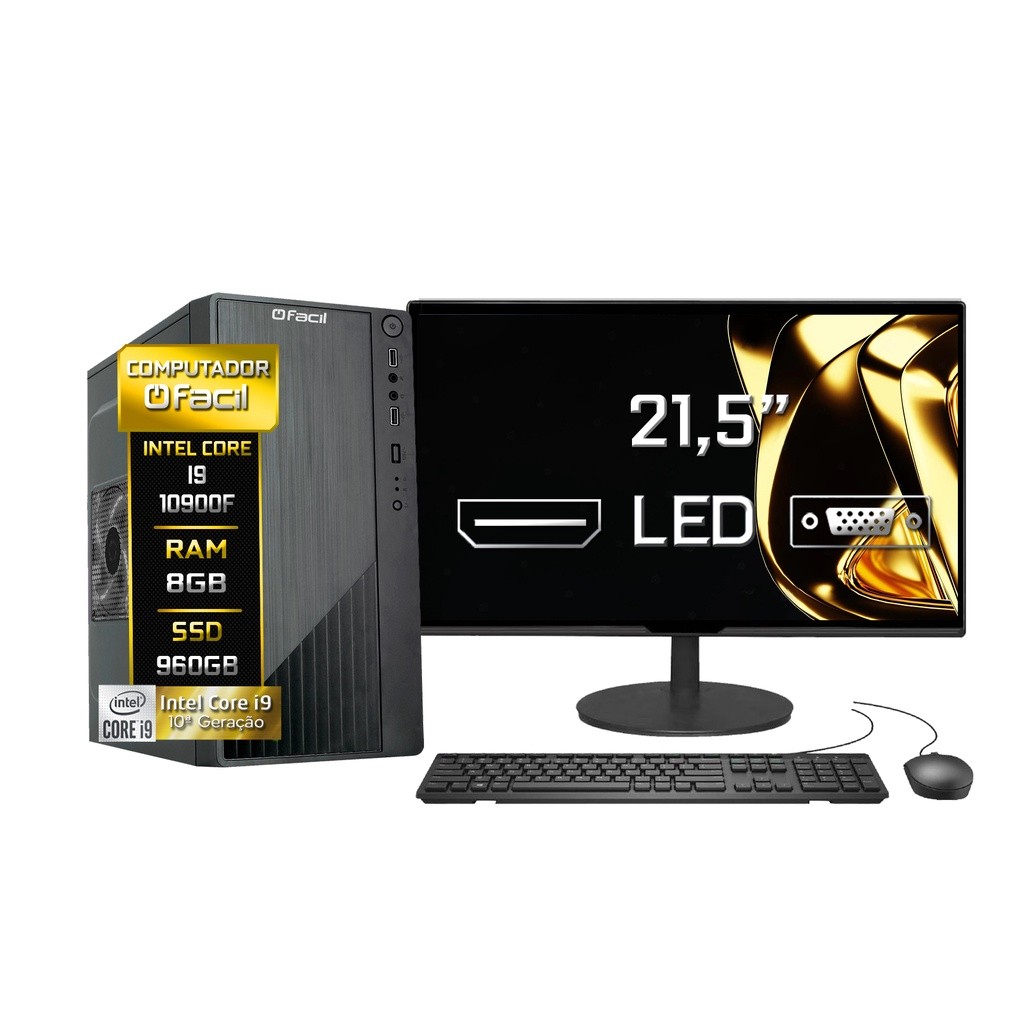 Computador Completo Fácil Intel Core i9 10900F (10ª Geração) 8GB DDR4 Geforce Nvidia SSD 960GB Monitor 21,5" Led