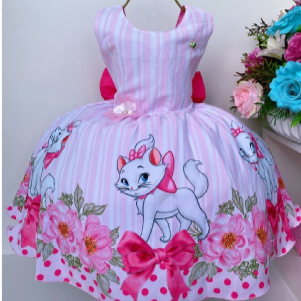 VESTIDO INFANTIL GATINHA MARIE ROSA E BRANCO LUXO FLORAL | Shopee Brasil