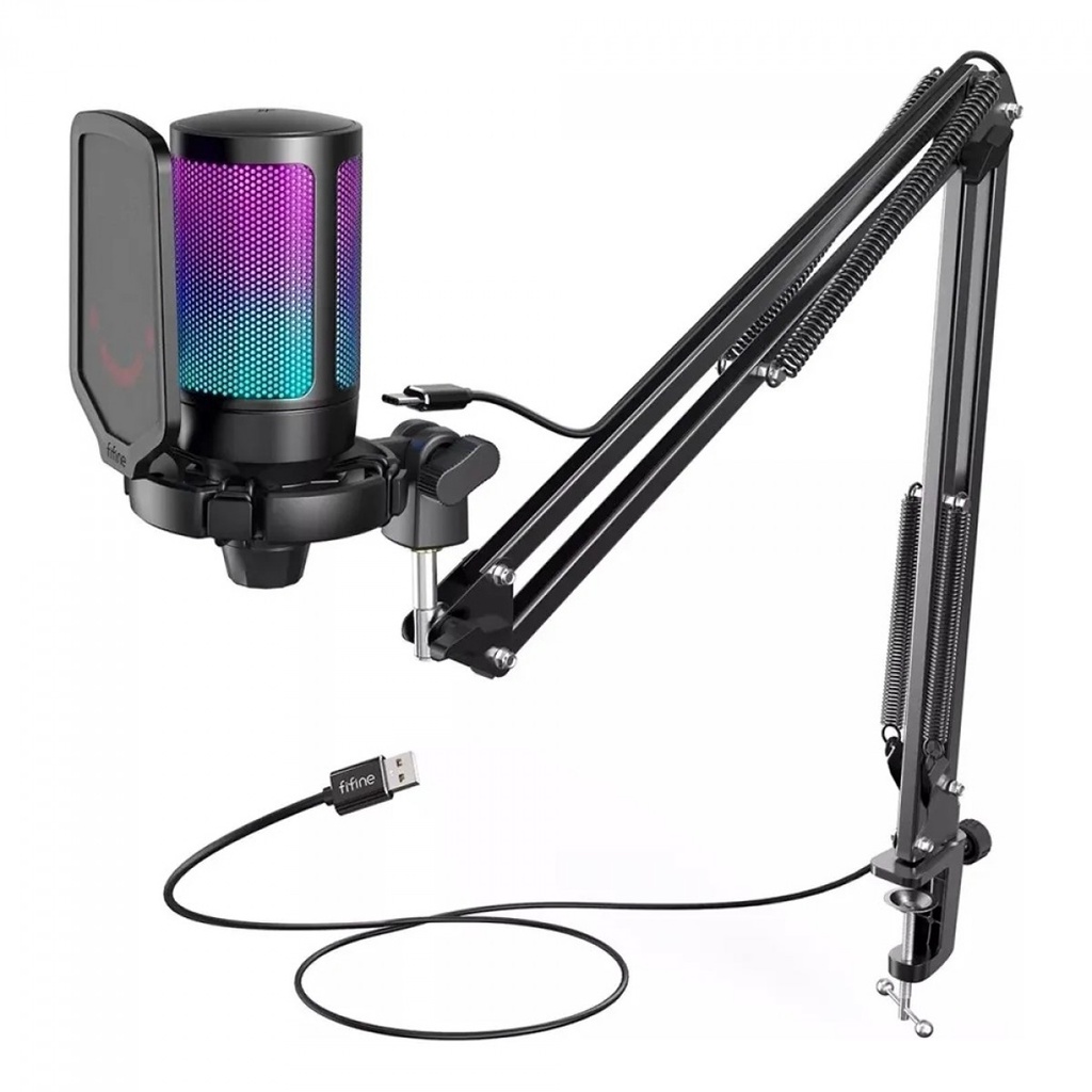 Microfone Fifine Ampligame A6T RGB USB Black BraçoArticulado