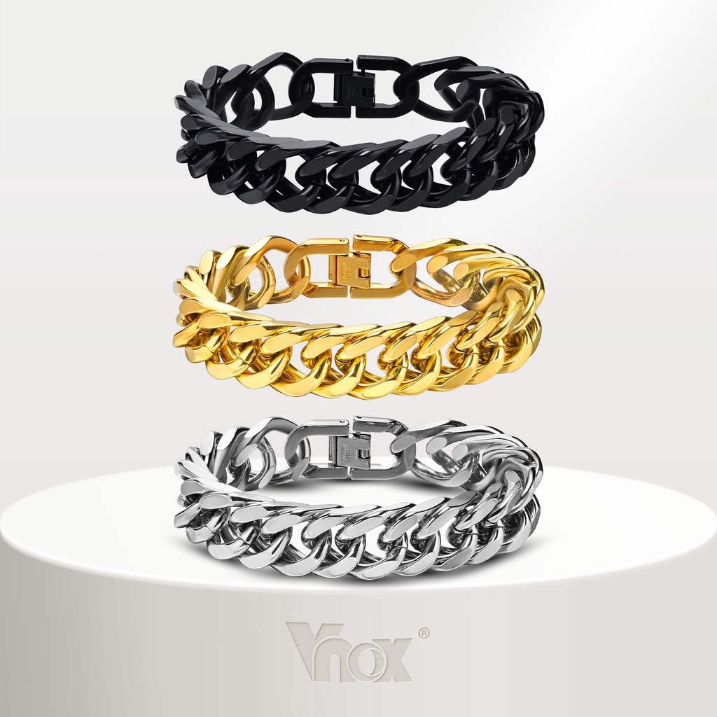 Vnox Fashion 12/15MM Largura Pulseiras De Corrente Cubana De Aço Inoxidável Para Homens , Jóias De Pulseira De Rapaz Masculino Hip Hop