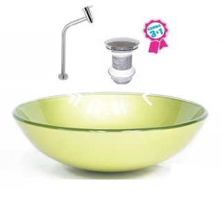 CUBA DE VIDRO REDONDA 31CM VERDE OLIVA + VÁLVULA CLICK + TORNEIRA DE METAL