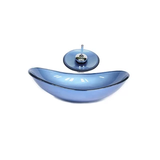 CUBA DE VIDRO OVAL 55CM AZUL VALVULA TORNEIRA CASCATA