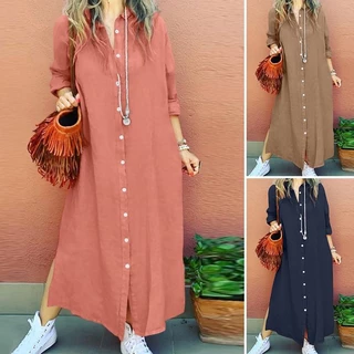 Feriado Confortável Casual Linen Maxi Vestido Algodão E Linho Sólido Cor Simples Retro Manga Longa Camisa Solta Botão Frente Mulher Robe