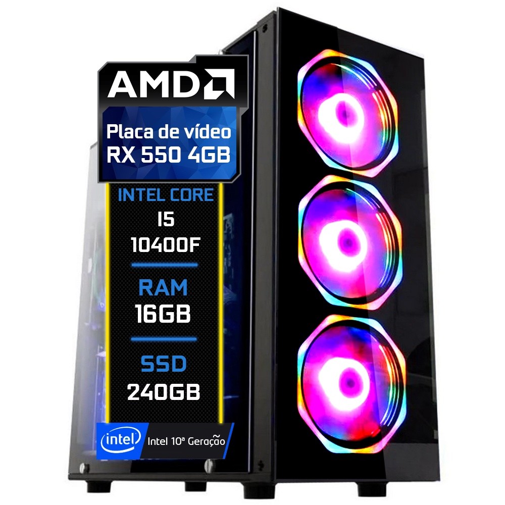 PC Gamer Fácil Intel Core i5 10400f (10ª Geração) 16GB DDR4 AMD RX 550 4GB SSD 240GB - Fonte 500w