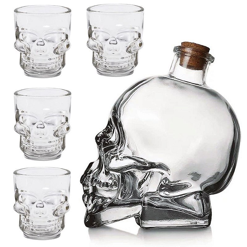 Garrafa + 4 copos em Vidro Bebidas Decoração Presente Formato Caveira