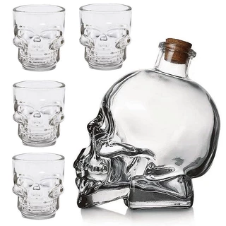 Garrafa + 4 copos em Vidro Bebidas Decoração Presente Formato Caveira