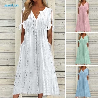 AS.T Women Vestido De Verão Cor Sólida Manga Oca Fora Curta V Botões De Pescoço Namoro Bolsos De Renda Linha A Lady Midi Roupas Femininas
