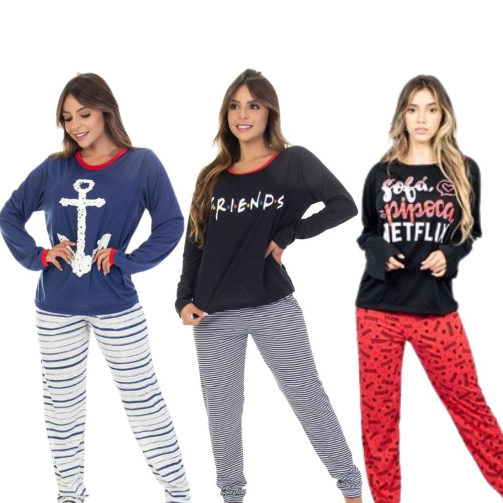 Kit 3 Pijamas De Frio Feminino Longo Estampado Personagens Desenhos