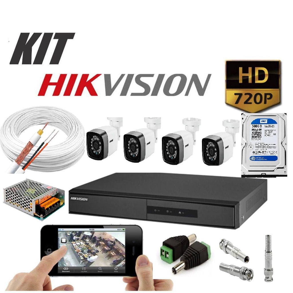 Kit 4 Câmeras de segurança Hd DVR Hikvision 4 Canais C/ Hd 500 GB ...