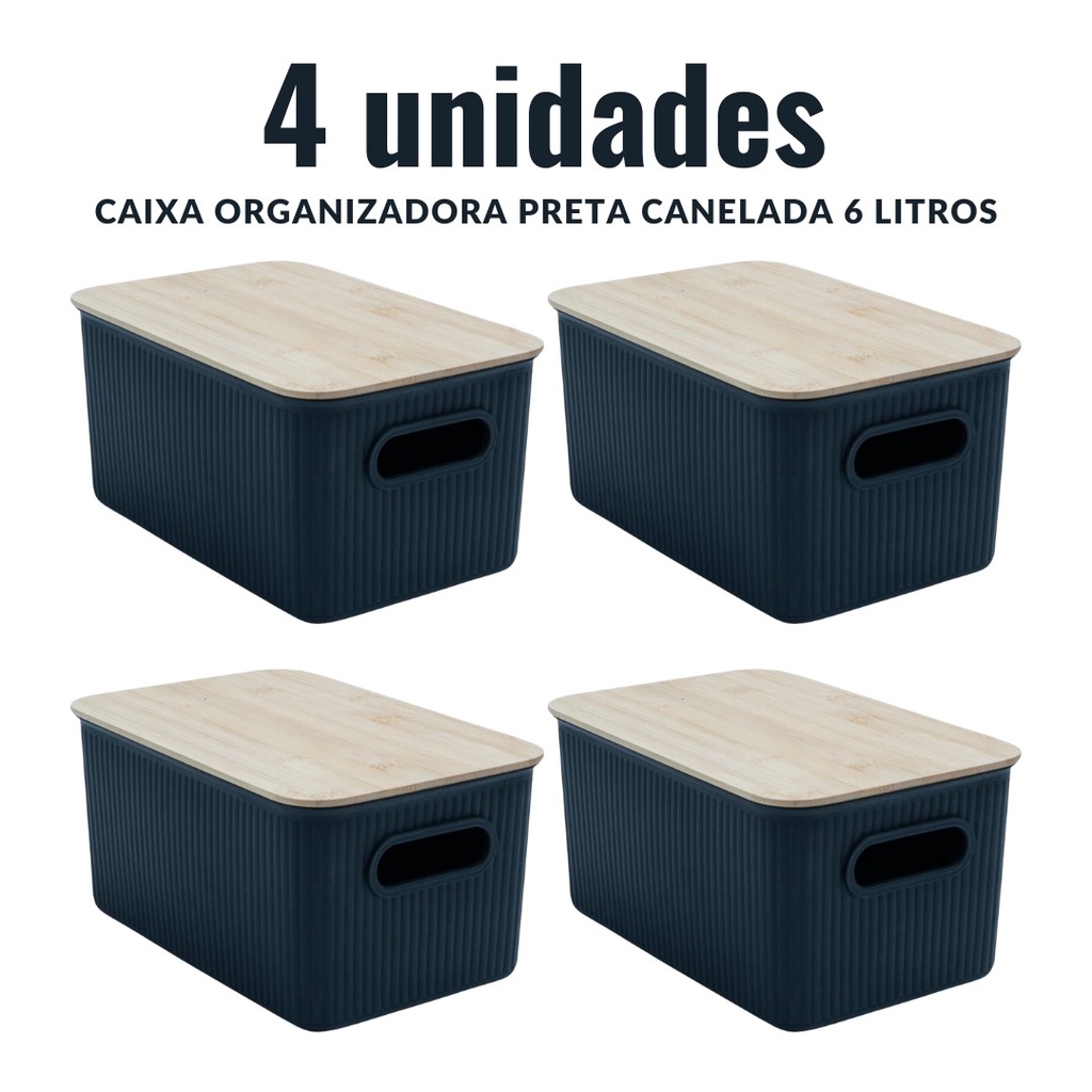 Kit 4 Caixas Organizadoras Canelada Com Tampa De Bambu Preto Oikos 6 Litros