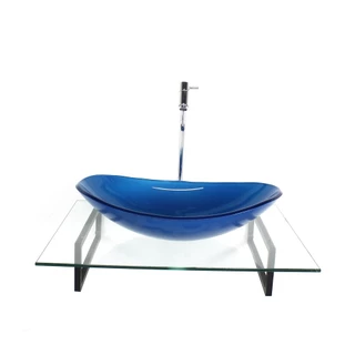 KIT CUBA DE VIDRO OVAL AZUL ESCURO COM TAMPO 60CM INCOLOR E SUPORTE TORNEIRA VALVULA