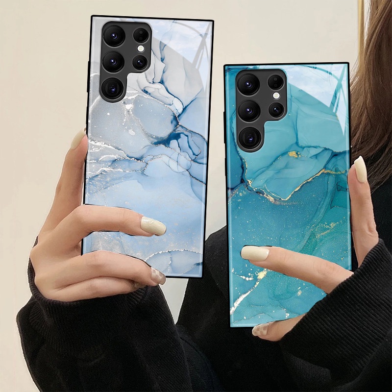 Para Samsung A54 A14 S23 A34 S21 FE S20 S21 S20 S22 Plus S22 Ultra Nota 20 10 A53 A52s A33 A23 A52 5G Caixa De Vidro Temperado Mármore Tampa Traseira Do Telefone