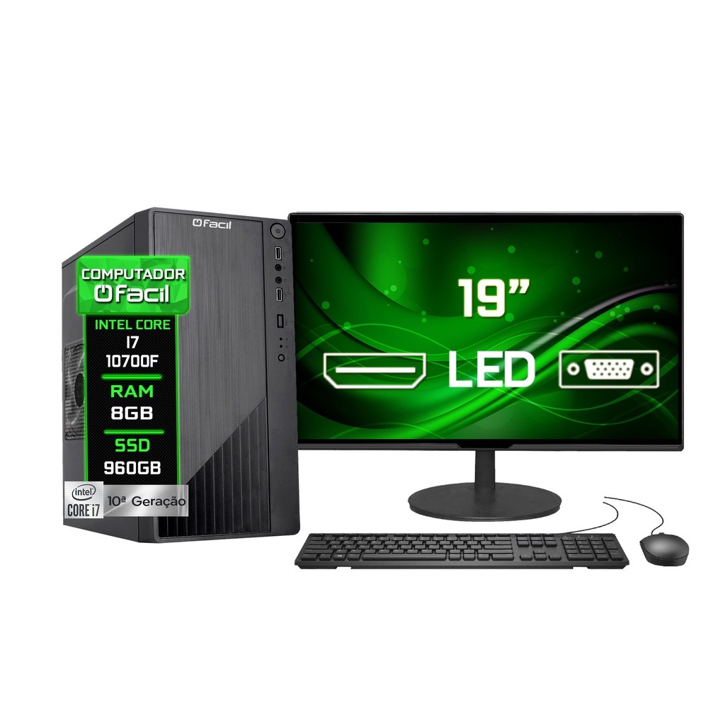 Computador Completo Fácil Intel Core i7 10700F (10ª Geração) 8GB DDR4 Geforce Nvidia SSD 960GB Monitor 19" Led