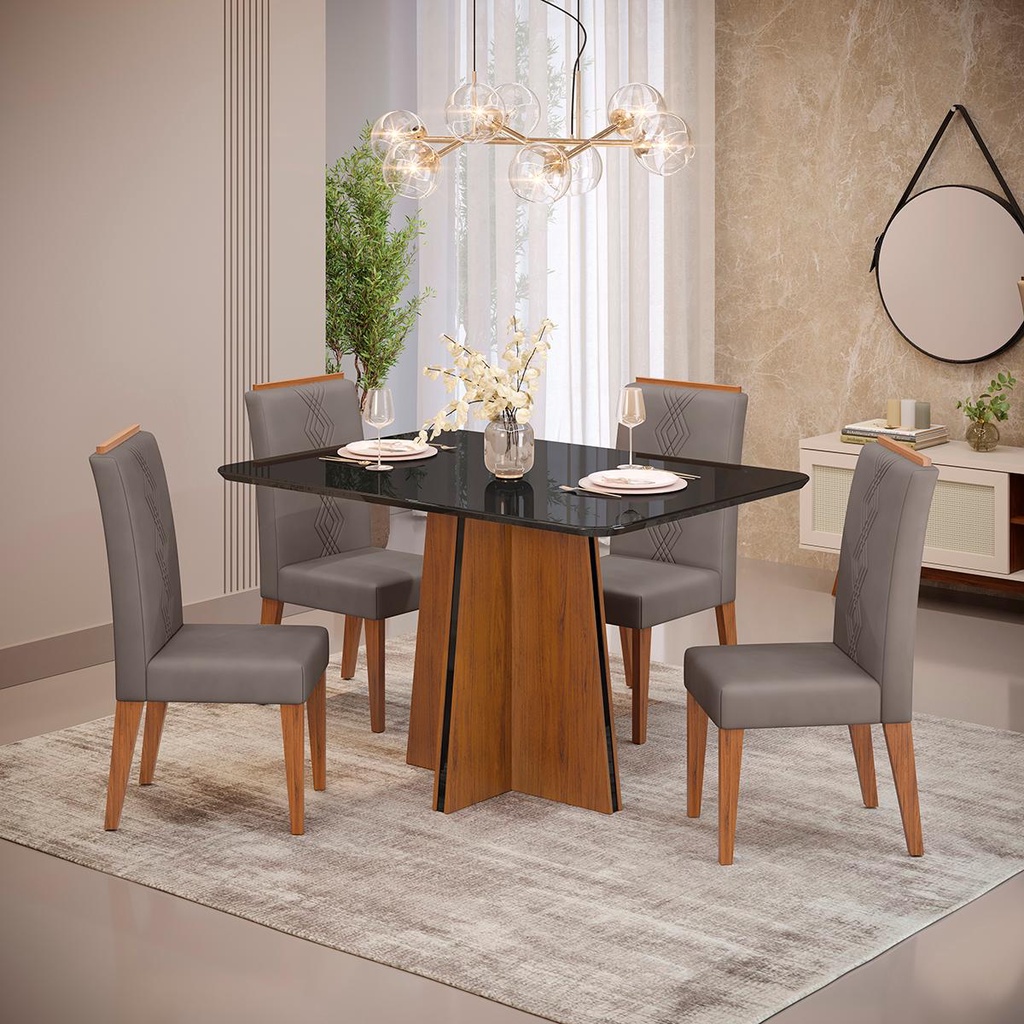 Conjunto de Salar Jantar 4 Cadeiras Tampo Curvo Dj Moveis Vanda Freijó Preto Yasmin Lunar