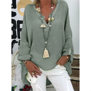 Casual Manga Longa Algodão E Linho Blusa Solta Mola V Pescoço Irregular Camisa Vintage Tops Sobredimensionados