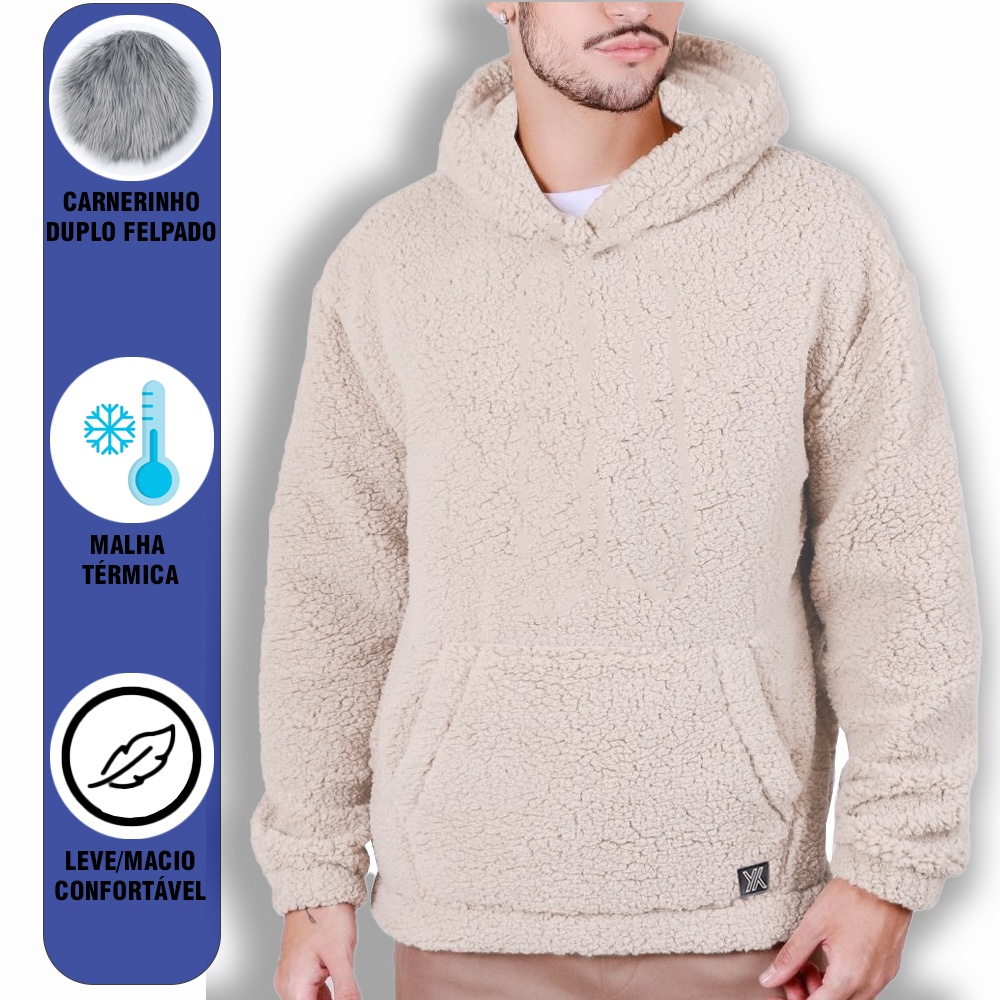 Canguru Blusão Casaco Teddy Masculino Duplo Com Bolso e Capuz