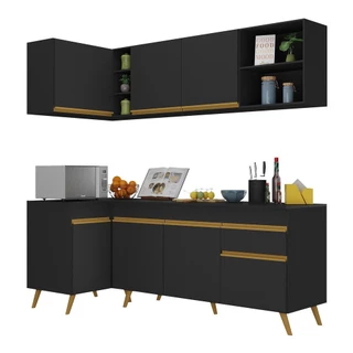 Cozinha Compacta de Canto Veneza GB Multimóveis MP2058 com Armário e Balcão Preta