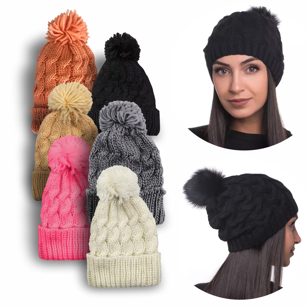 TOUCA GORRO DE LÃ FEMININA COM POMPOM DE PELINHO PARA FRIO INVERNO ...