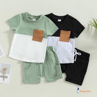 Mellifluous-Toddler Boys Summer Short Sleeve Contrast Color Tops + Conjunto De Calções Drawstring