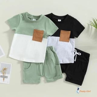 Mellifluous-Toddler Boys Summer Short Sleeve Contrast Color Tops + Conjunto De Calções Drawstring