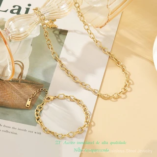 Colar Em Relevo De Aço Inoxidável Para Mulheres , Banhado A Ouro 18K , Conjunto De Pulseiras De , Acessórios Sem Desbotamento