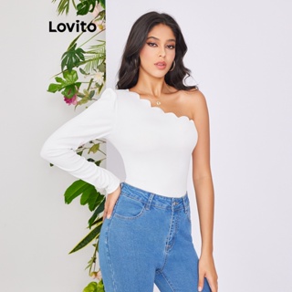 Lovito Camiseta Geométrica com Corte Assimétrico e Redondo de Cor Sólida para Mulheres LBE02069 (Branco)