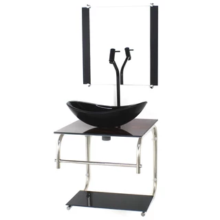 GABINETE DE VIDRO CUBA OVAL 40CM INOX MADEIRA NOGUEIRA COM TORNEIRA PRETA