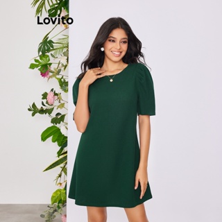 Lovito Vestido A-Line com Decote Redondo de Tecido Liso para Mulheres LBE02013 (Verde Escuro)