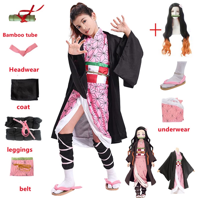 Anime Kamado Nezuko Cosplay Traje Demoníaco Uniforme Roupa Kimono Peruca De Halloween Para